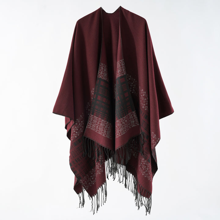 Damen Wollmix-Schulterponcho mit Jacquardmuster und Fransensaum Drune