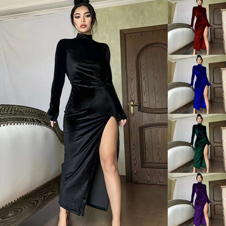Damen Elegantes Samt-Maxi-Kleid mit hohem Schlitz und Stehkragen Drune