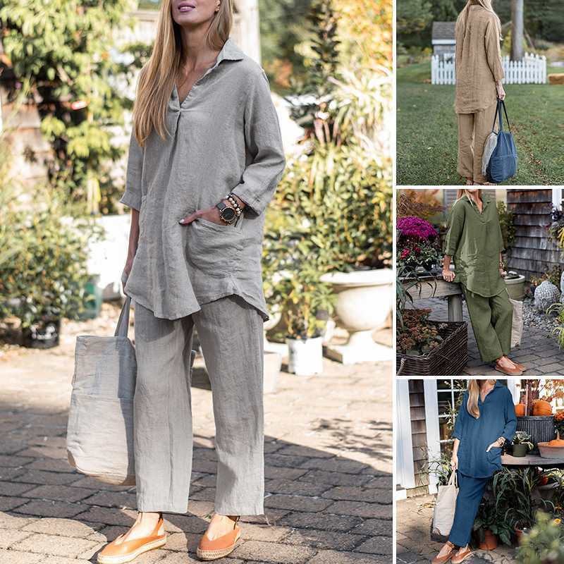 Damen Leinen-Loungewear-Set mit weitem Tunika-Hemd und lockerer Palazzo-Hose Drune