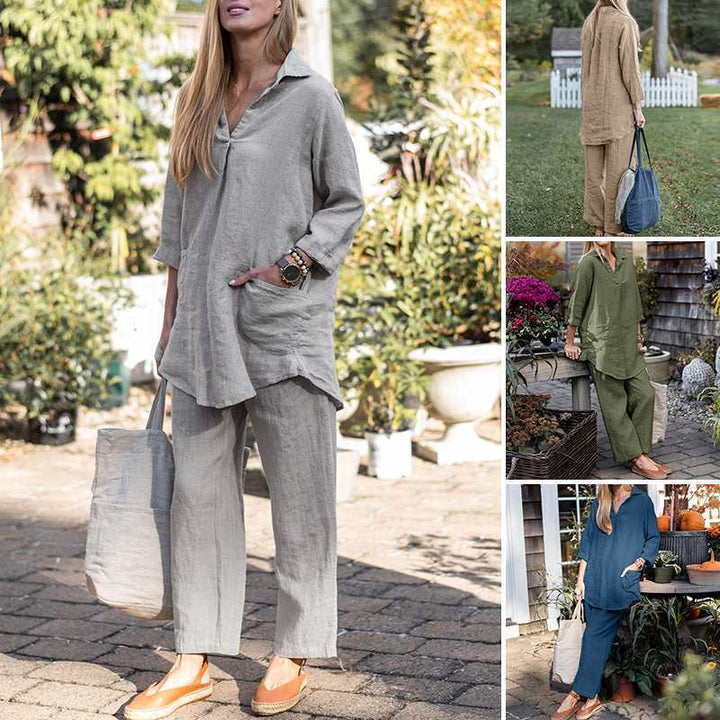 Damen Leinen-Loungewear-Set mit weitem Tunika-Hemd und lockerer Palazzo-Hose Drune