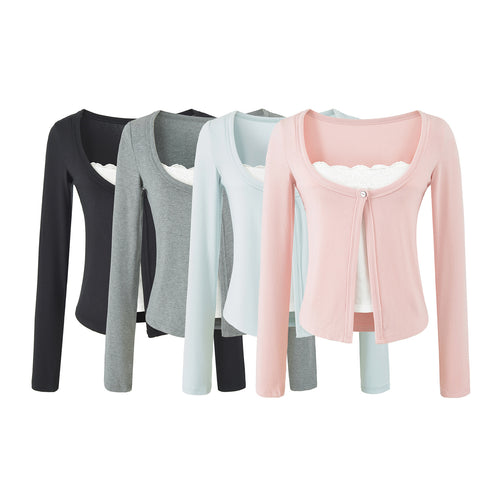 Damen Lagen-Cardigan mit integriertem Spitzen‑Cami und einreihigem Knopfverschluss Drune