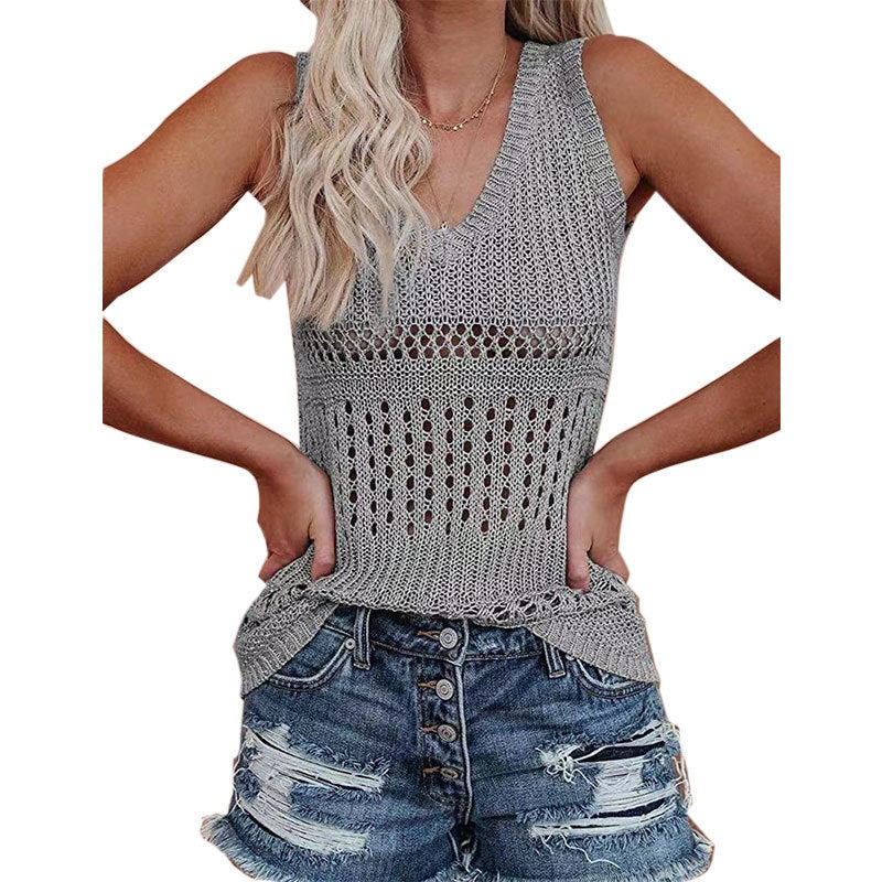 Damen luftiges Stricktop mit V-Ausschnitt und feinen Lochmustern Drune