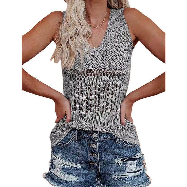 Damen luftiges Stricktop mit V-Ausschnitt und feinen Lochmustern Drune