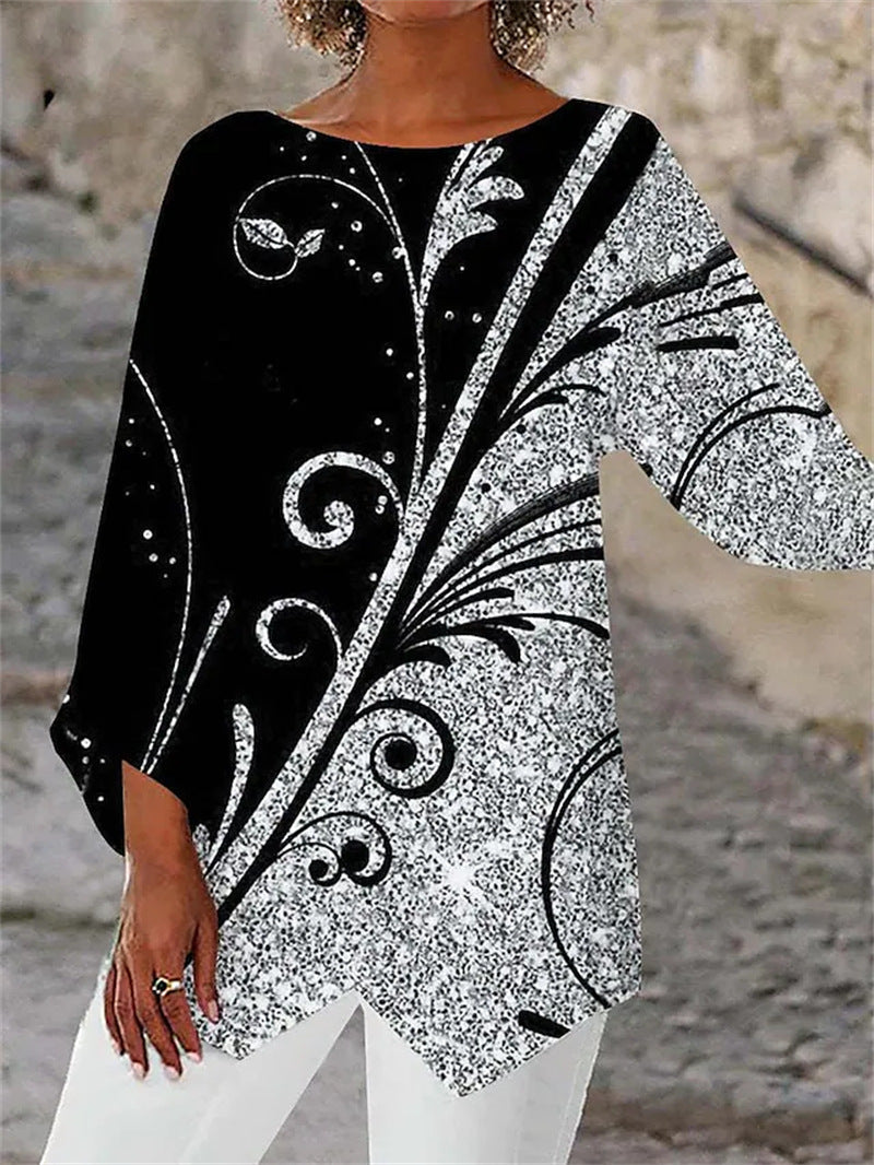 Damen asymmetrisches A-Linien-Tunika mit ornamentalem Druck und spitzem Saum Drune