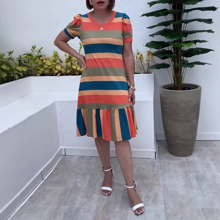 Damen nan gestreiftes Jerseykleid A-Linienschnitt mit kurzem Puffärmel und Volantstufe Drune