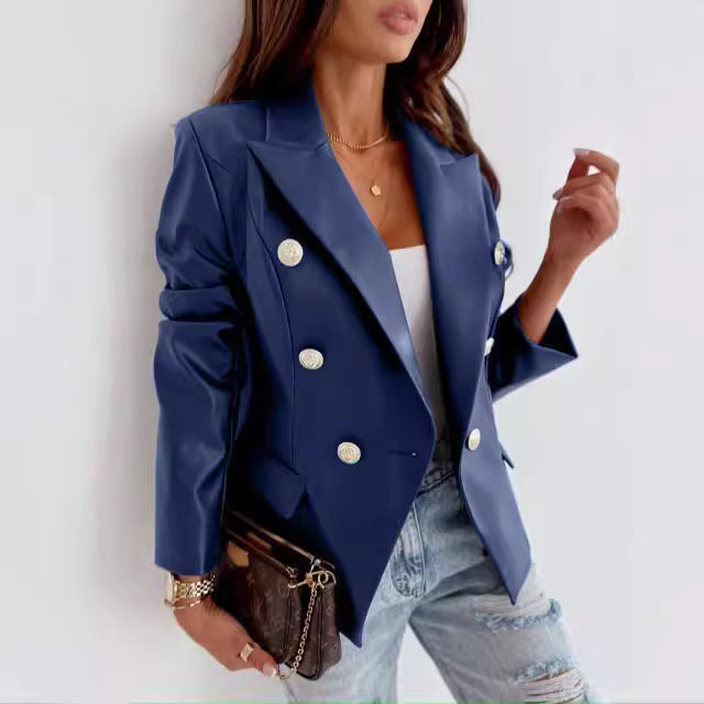 Damen eleganter Kunstleder Blazer mit doppelter Knopfleiste Drune
