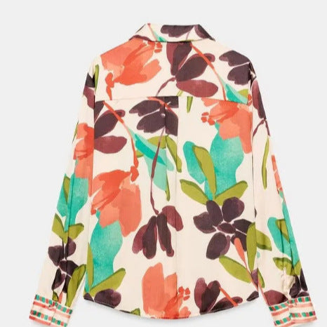 Damen Seidenähnliche Hemdbluse mit abstraktem Blumenprint und Zierpaspel Drune