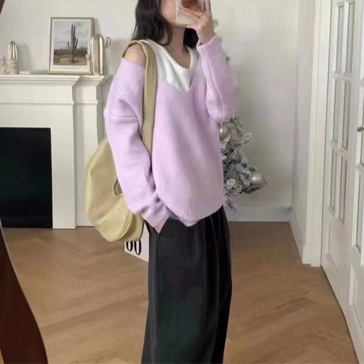 Damen lässiger Pullover mit einem modernen V-Ausschnitt und offenen Schultern Drune