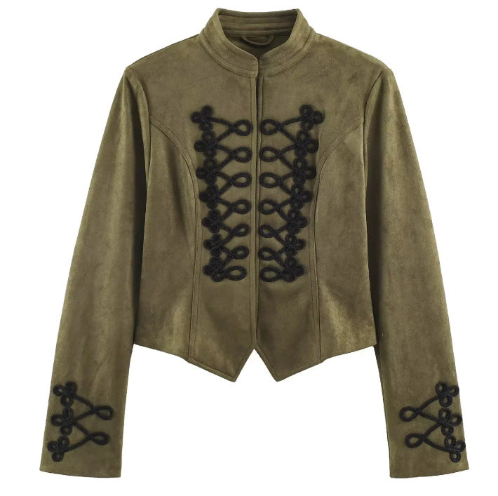 Damen Kurz geschnittene Wildlederjacke im Military‑Look mit Stehkragen und dekorativer Kordelfrosch‑Applikation Drune