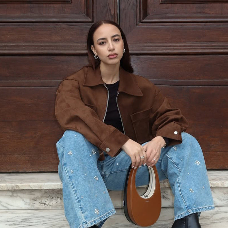 Damen Kurze Veloursleder‑Optik Jacke mit Reißverschluss und Oversize‑Ärmeln Drune