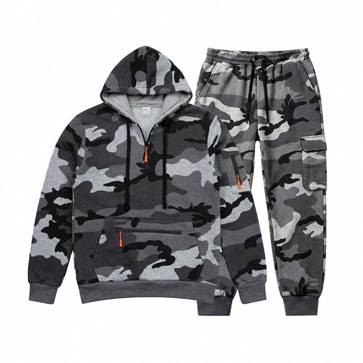 Herren Camouflage Kapuzensweatshirt- und Jogginghose Set mit Cargo-Taschen und Reißverschlüssen Drune