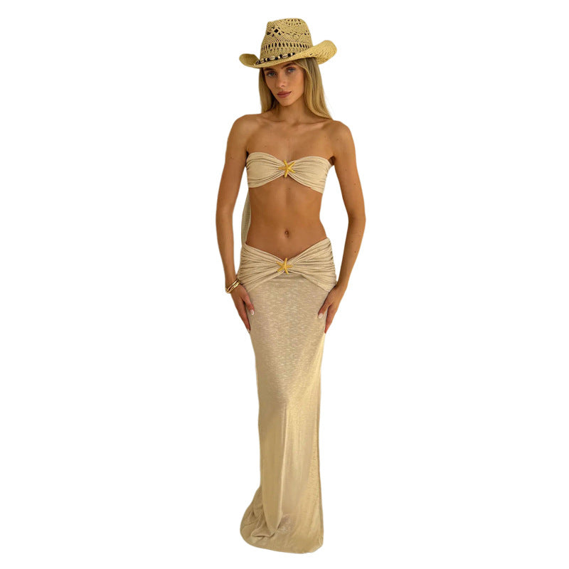Damen Crop-Top und Maxirock Set mit eleganten Drapierungen und schimmernden Akzenten Drune