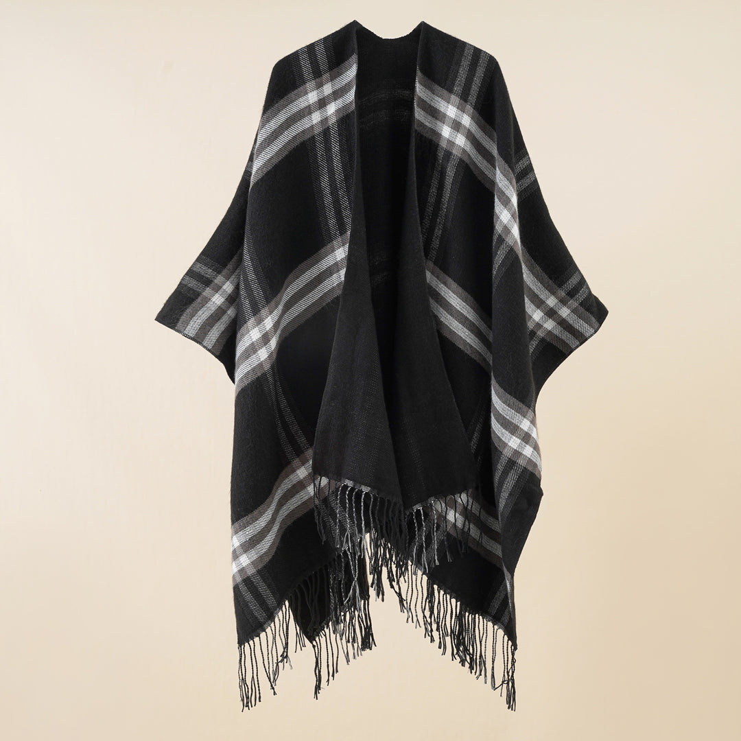 Damen Oversize-Umhang mit Karomuster, Fransen und Wolloptik Drune