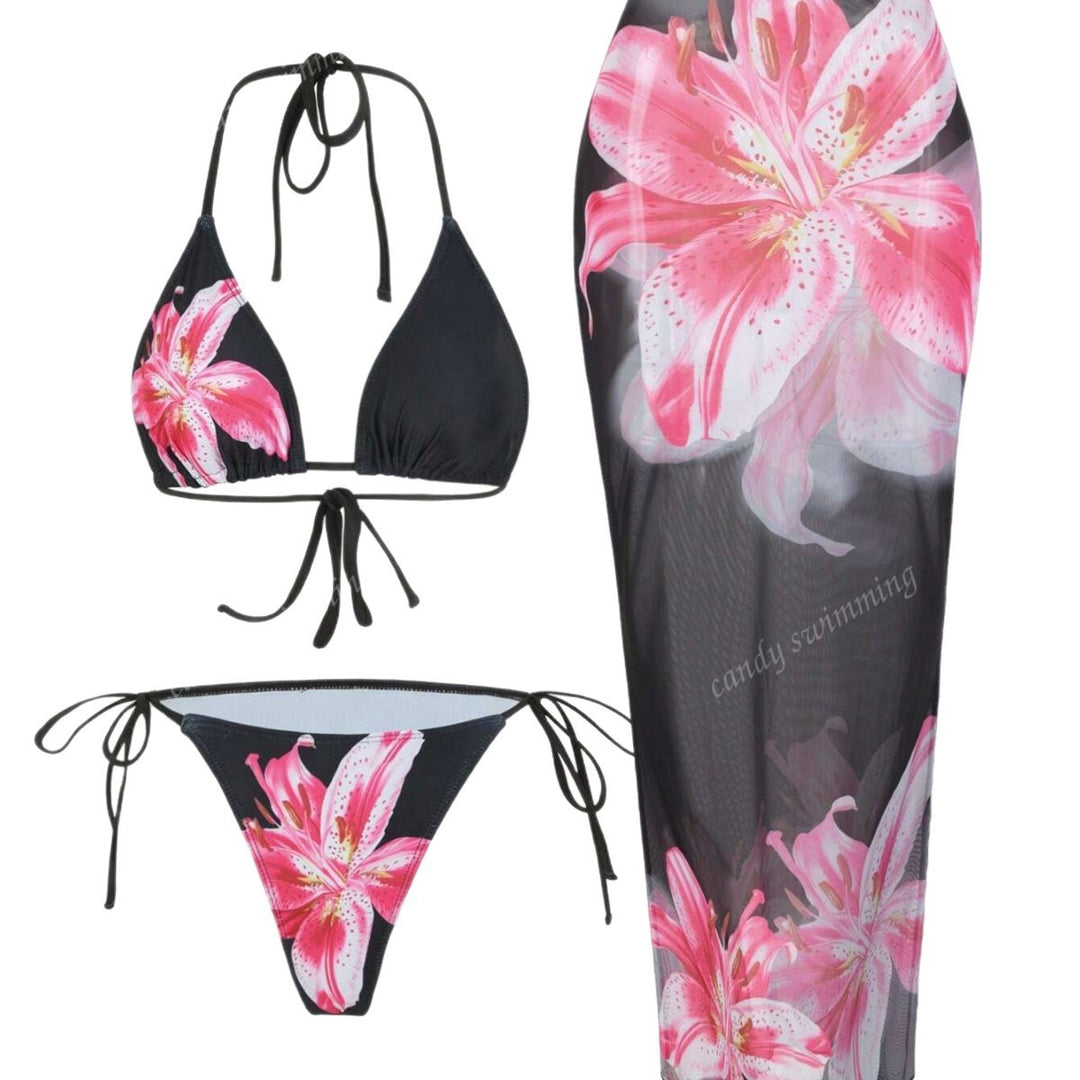 Damen Triangel-Bikini-Set mit floralen Mustern und transparentem Maxirock Drune