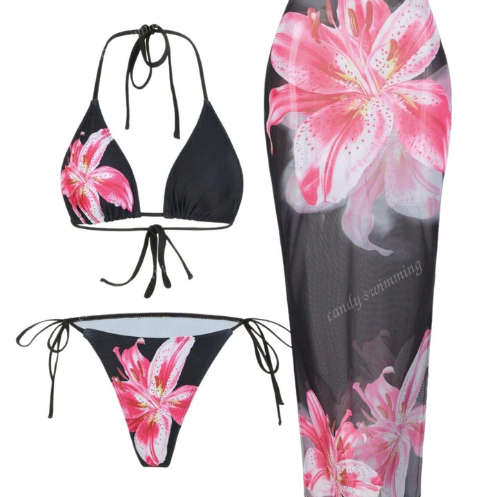 Damen Triangel-Bikini-Set mit floralen Mustern und transparentem Maxirock Drune