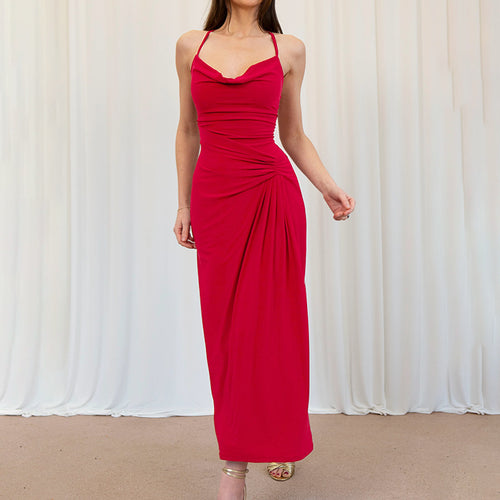 Damen Elegantes Maxikleid mit asymmetrischem Cowl-Ausschnitt und stilvoller Raffung Drune
