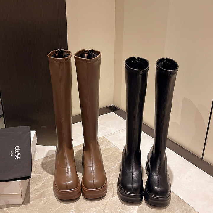 Damen modische Stretch-Stiefel mit dicker Plateausohle Drune