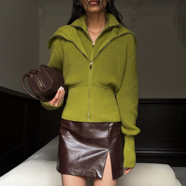 Damen Stylishe Strickjacke mit hohem Kragen und Reißverschluss Drune