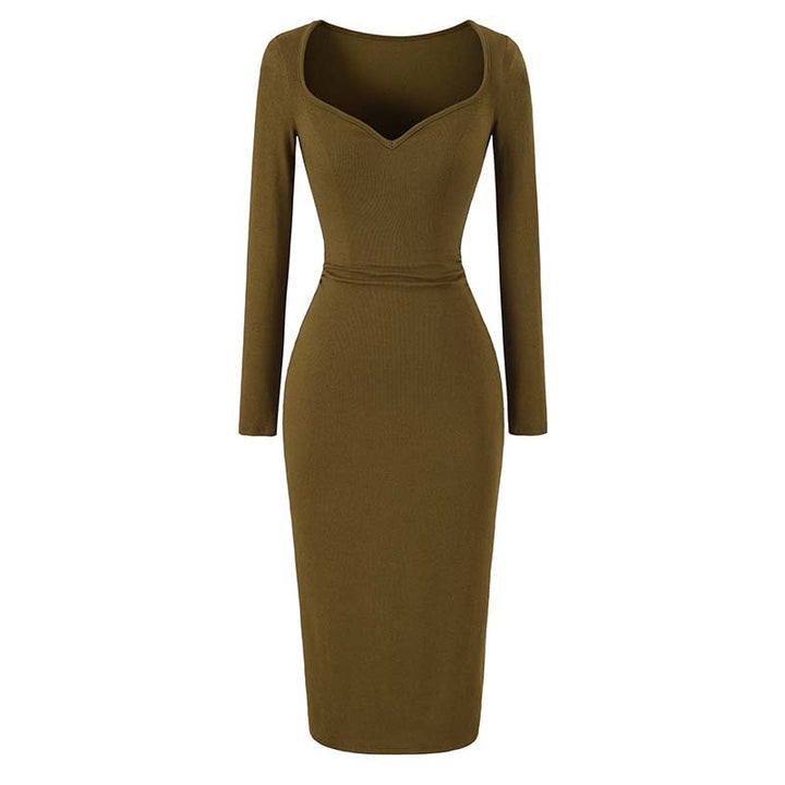 Damen Eng anliegendes Midikleid mit herzförmigem Ausschnitt und langen Ärmeln Drune