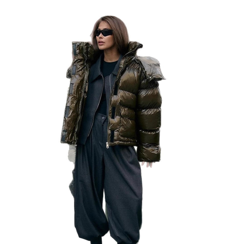 Damen wattierte Kurzjacke mit Hochglanzfinish, Oversize-Schnitt und Kapuze Drune