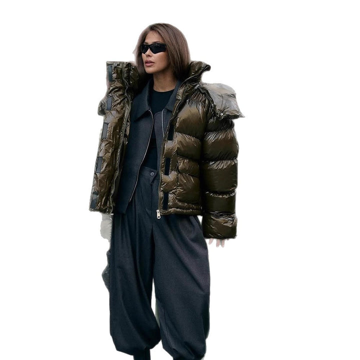 Damen wattierte Kurzjacke mit Hochglanzfinish, Oversize-Schnitt und Kapuze Drune