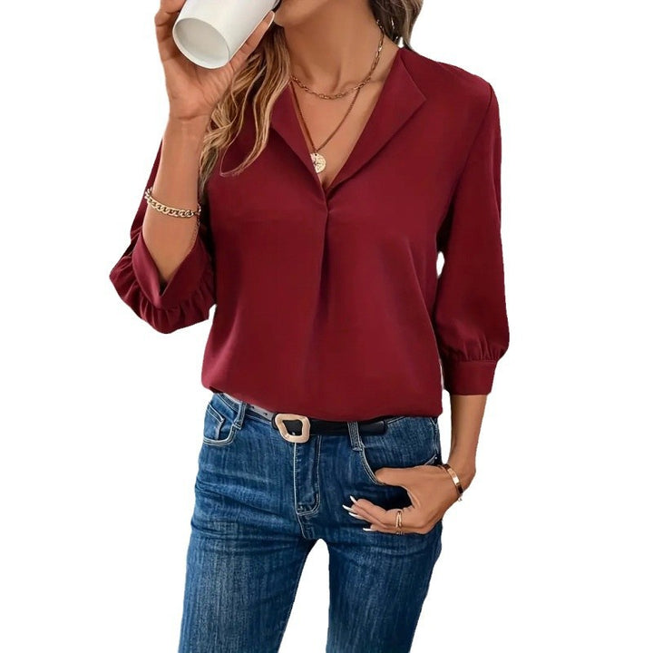 Damen Elegante Viskosebluse mit 3/4-Ärmeln und V-Ausschnitt Drune
