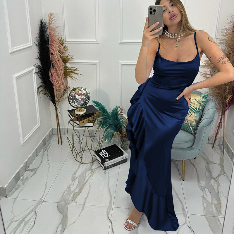Damen elegantes Maxikleid mit asymmetrischem Rüschensaum und taillierter Silhouette Drune