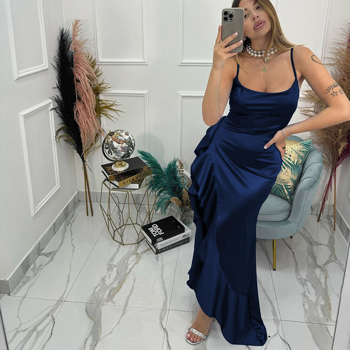 Damen elegantes Maxikleid mit asymmetrischem Rüschensaum und taillierter Silhouette Drune