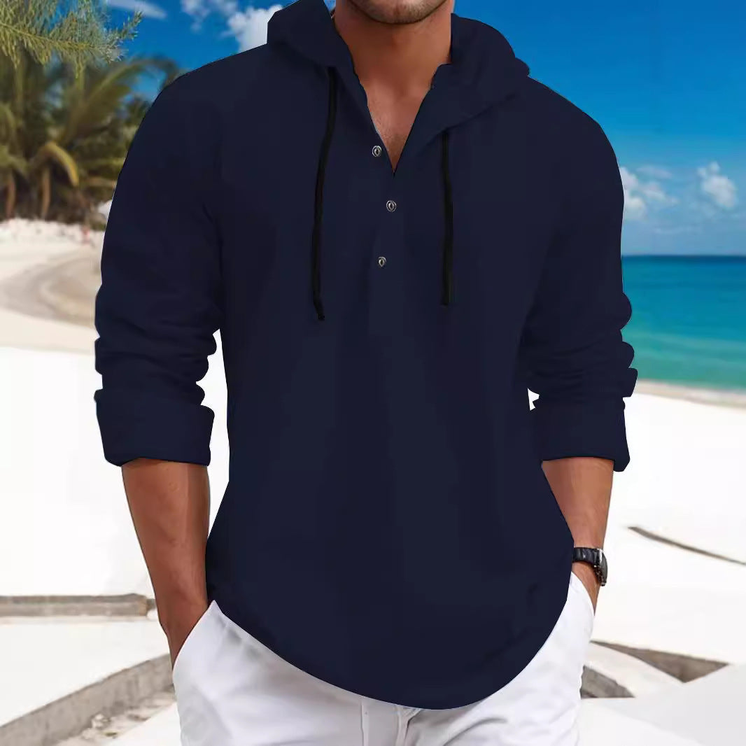 Herren nan sommerliches Hoodie-Henley mit verdeckter Knopfleiste, Kordelzug und gerundetem Saum Drune