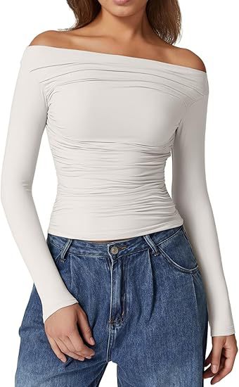 Damen Schulterfreies tailliertes Stretch-Longsleeve mit Raffung und figurbetonter Silhouette Drune