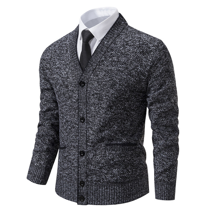 Herren nan melierter Strukturstrick-Cardigan mit V-Ausschnitt, Kontrastkanten und aufgesetzten Taschen Drune