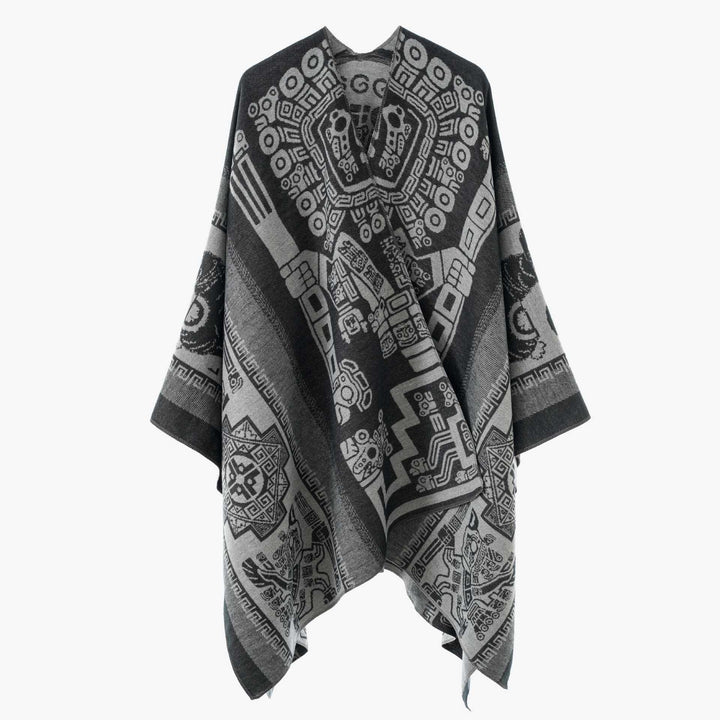 Damen Oversize‑Jacquard‑Wrapcape mit geometrischem Aztekenmuster Drune