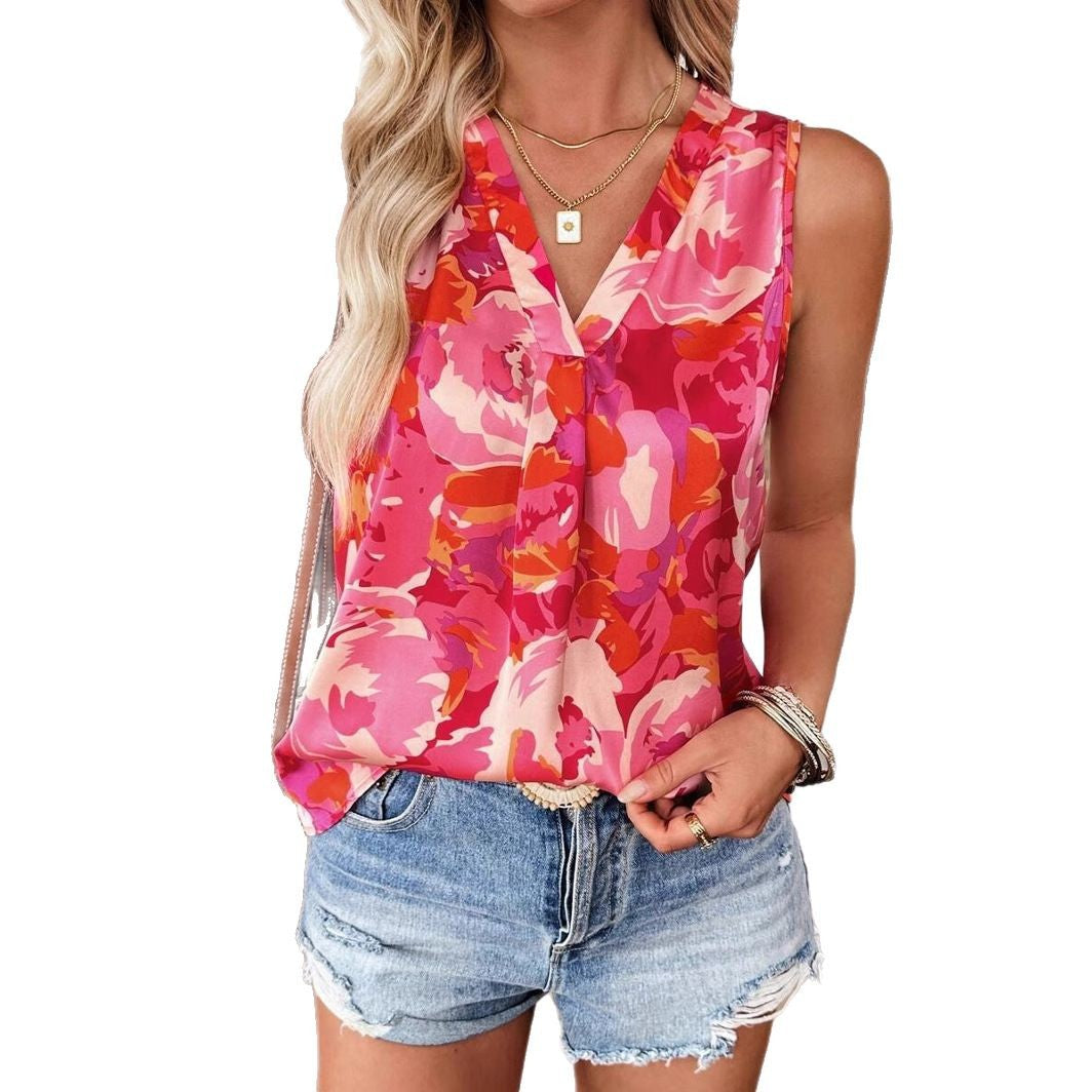 Damen ärmelloses Blusenshirt mit femininem floralem Druck Drune