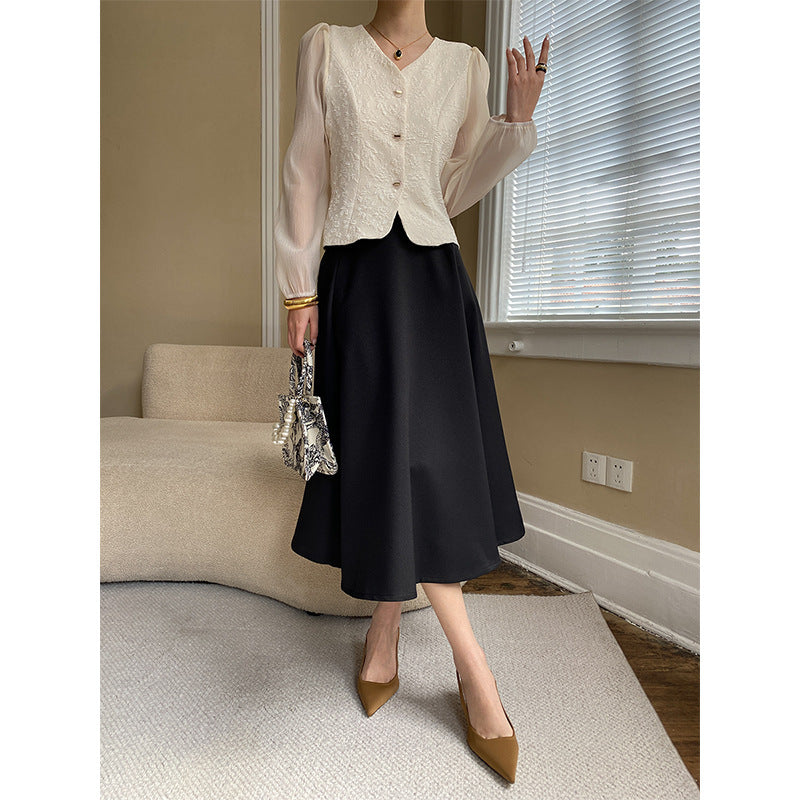 Damen schicke aufregende Bluse mit Puffärmeln und dekorativen Knopfdetails Drune