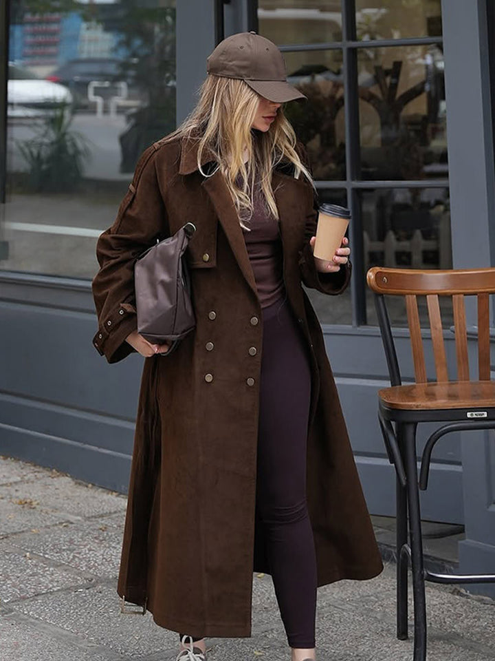 Damen Maxilanger Trenchcoat aus Veloursoptik mit doppelreihiger Knopfleiste und oversized Schnitt Drune