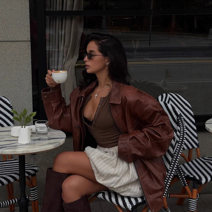 Damen Oversize-Lederimitatjacke im Bikerstil mit Hemdkragen und Reißverschluss Drune