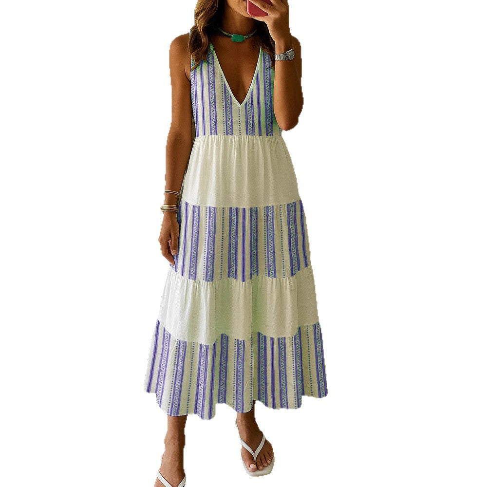 Damen Sommerliches Maxikleid mit tiefem V-Ausschnitt und breitem Rock Drune