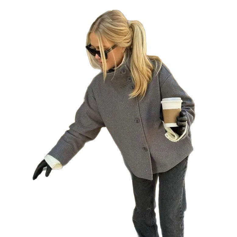 Damen modische Kurzjacke mit hohem Kragen und Knopfverschluss Drune