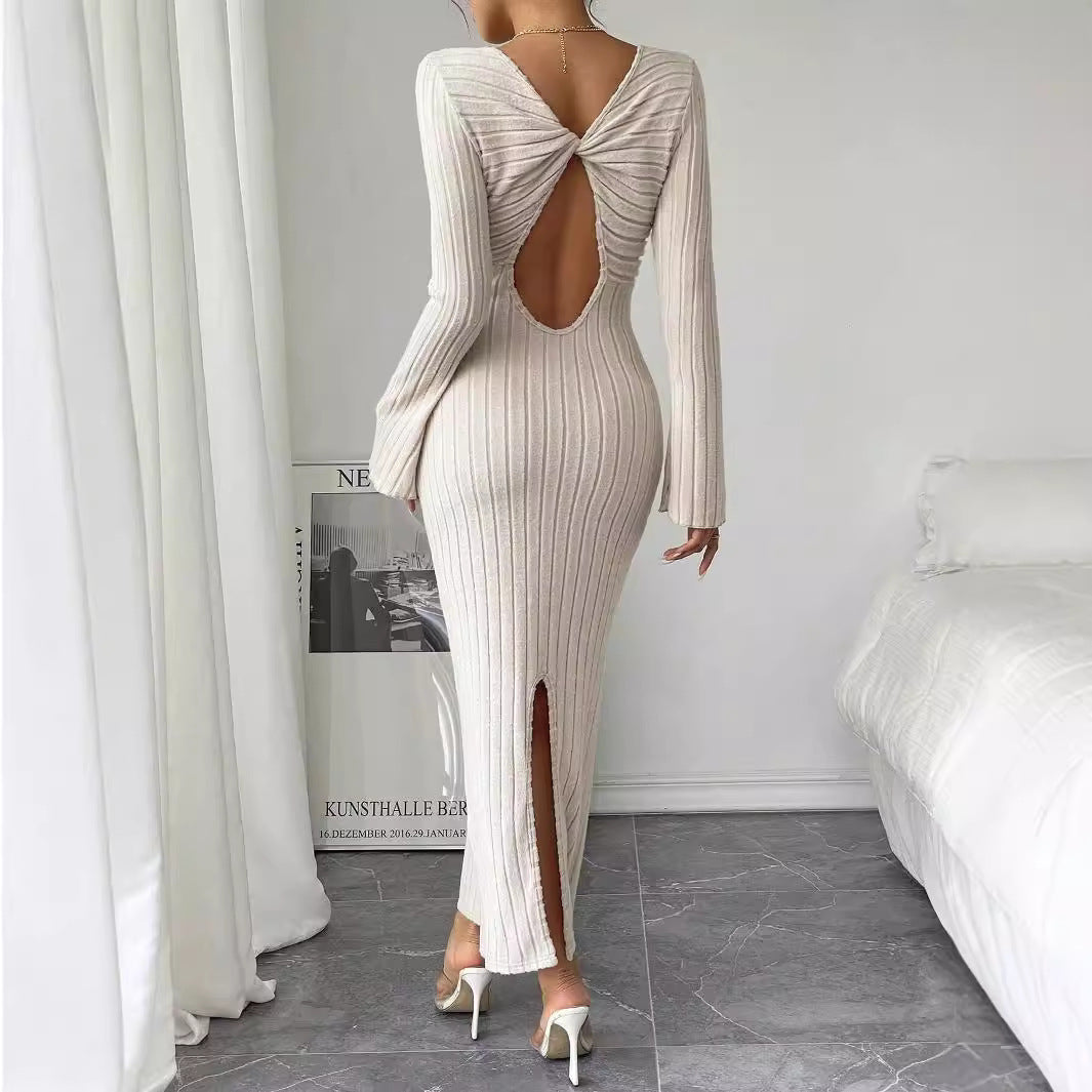 Damen geripptes Midaxi-Kleid mit U-Ausschnitt, figurbetonter Stretch-Silhouette und ausgestellten Ärmeln Drune