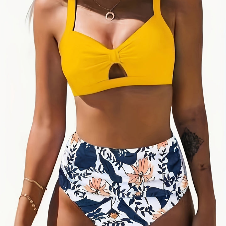Damen Bikini-Set mit floralem Hochbund und modischem Knoten Drune