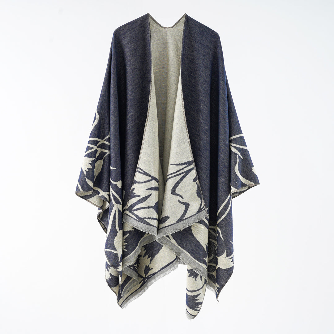 Damen Wendbarer Oversize-Capeponcho aus Wollmix mit floraler Jacquardwebung Drune