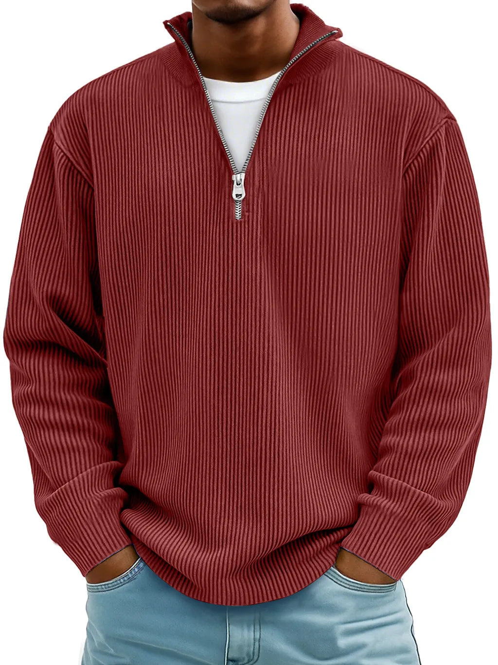 Herren nan gerippter Strickpullover mit halbem Reißverschluss und Stehkragen Drune