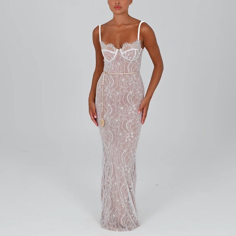 Damen Elegantes Spitzenmaxikleid mit tiefem Ausschnitt und enganliegender Silhouette Drune