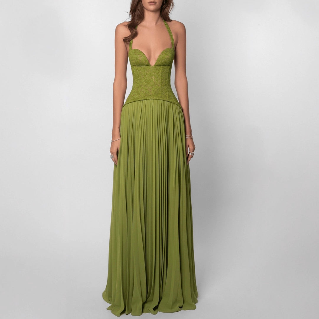 Damen nan Neckholder-Korsettkleid mit Spitzen-Corsage und fließendem Plisseerock Drune