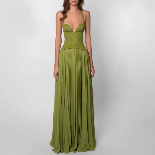 Damen nan Neckholder-Korsettkleid mit Spitzen-Corsage und fließendem Plisseerock Drune