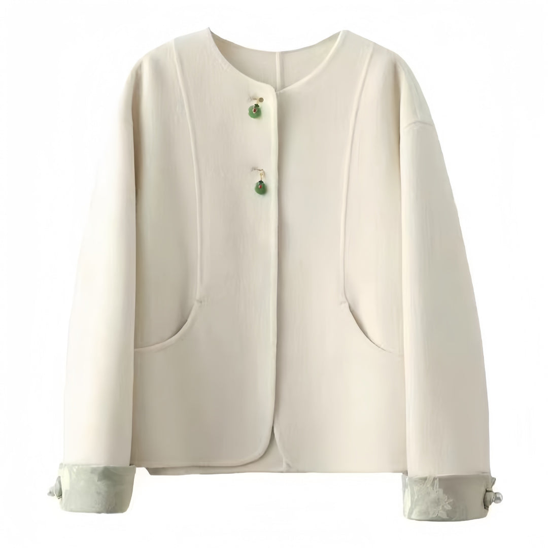 Damen Boxy Wolljacke mit bestickten Manschetten und Stehkragen Drune