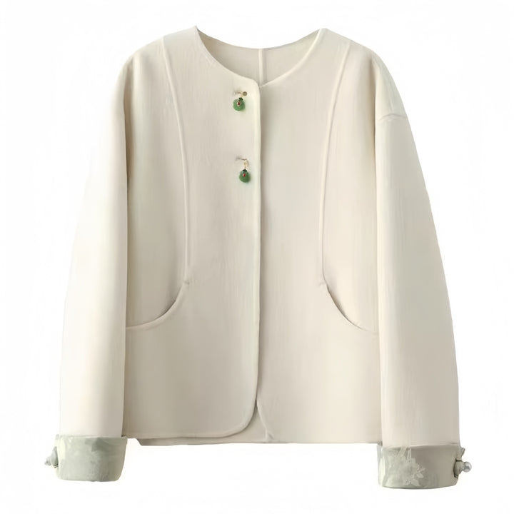 Damen Boxy Wolljacke mit bestickten Manschetten und Stehkragen Drune