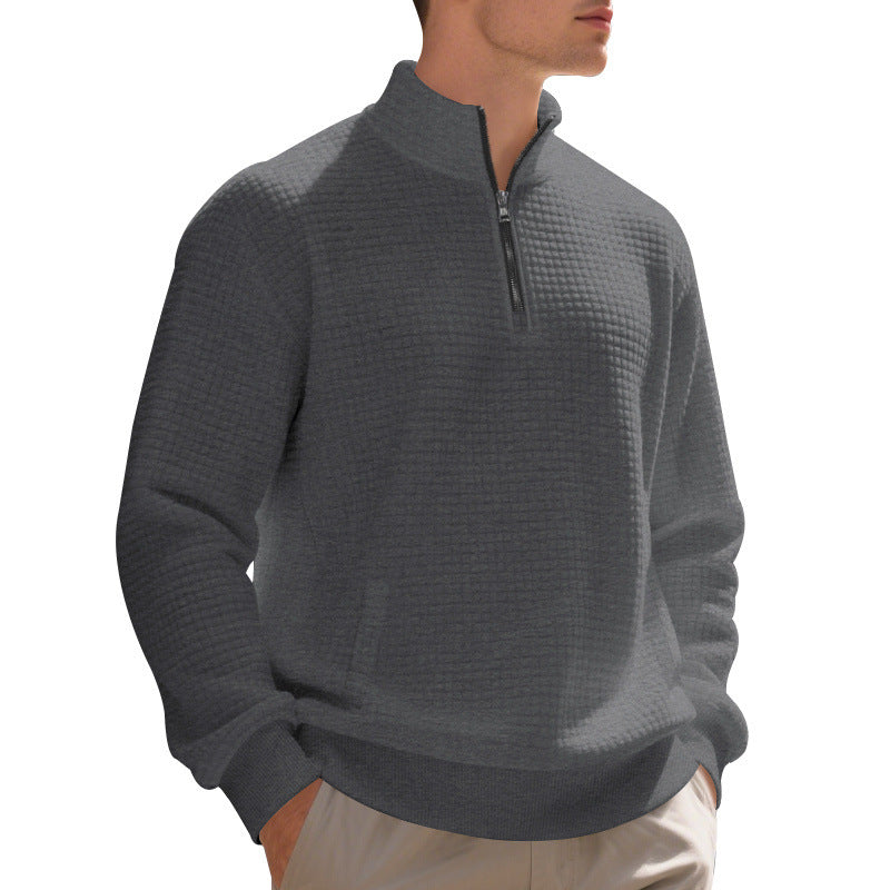 Herren Waffelstrick-Halbzip-Pullover mit Stehkragen, Kängurutasche & gerippten Abschlüssen Drune