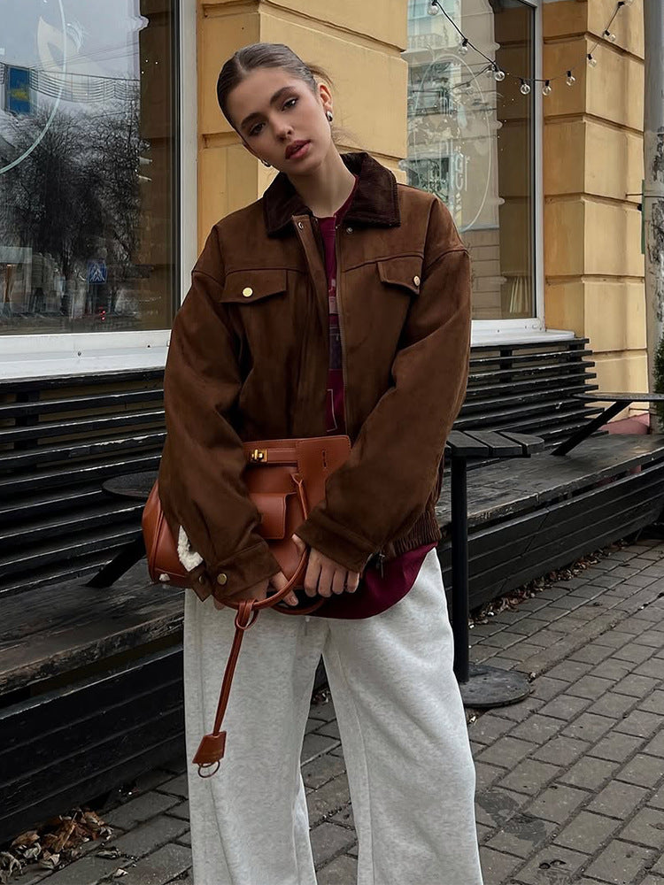Damen Boxy-Suede-Blousonjacke mit Cordkragen und Teddyfutter Drune