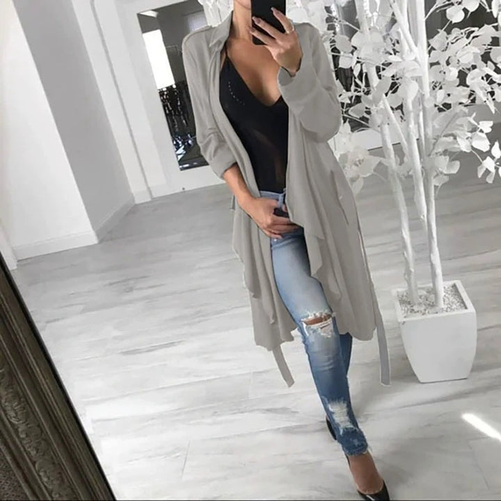 Damen eleganter Wickelcardigan aus weichem Stoff mit langem Schnitt und praktischen Taschen Drune